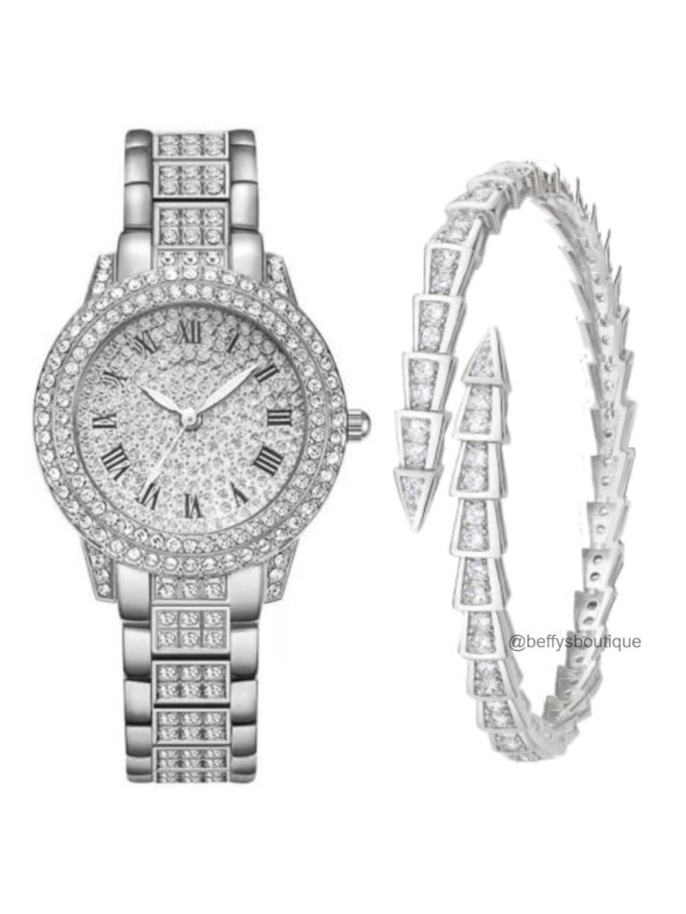 Women's Full Diamond Bling Rhinestone Watch Stainless Steel Bracelet Gift Set